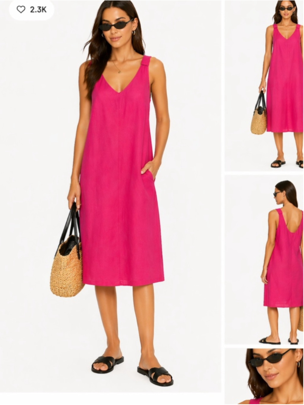 Simple V-Neck Sleeveless Midi Dress - Bright Fuchsia Pink